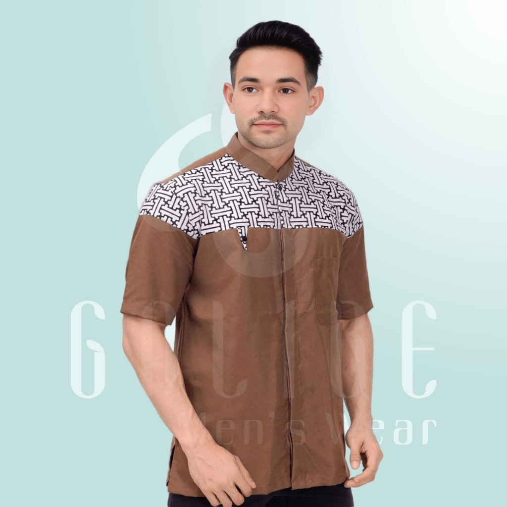 Galibe - Baju Kemeja Pria Koko Hem Muslim Kombinasi Batik Geometris Lengan Pendek
