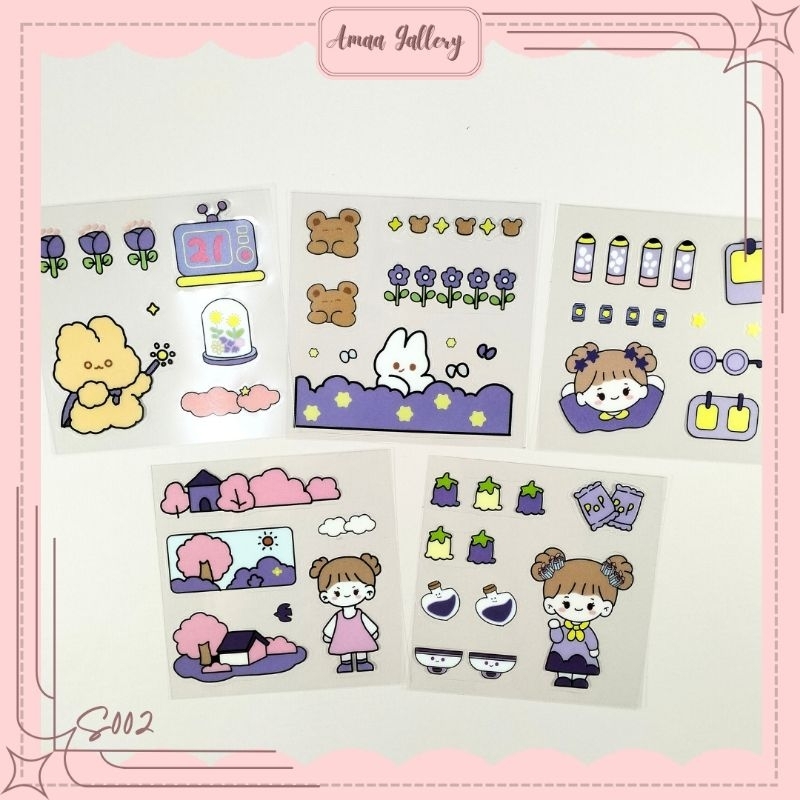 

S002 Sticker Momo Aesthetic Lucu / Stiker Kartun Korea Waterproof 3 Lembar Warna Ungu