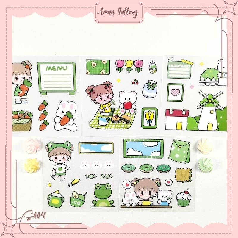 

S004 Sticker Momo Aesthetic Lucu / Stiker Kartun Korea Waterproof 3 Lembar Warna Hijau