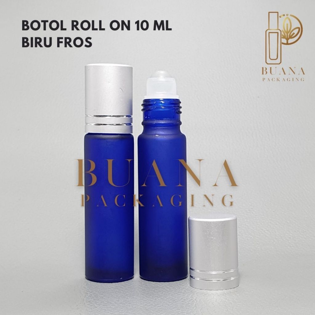 Botol Roll On 10 ml Biru Frossted Tutup Stainles Silver Matte Bola Plastik Natural / Botol Roll On / Botol Kaca / Parfum Roll On / Botol Parfum / Botol Parfume Refill / Roll On 8 ml