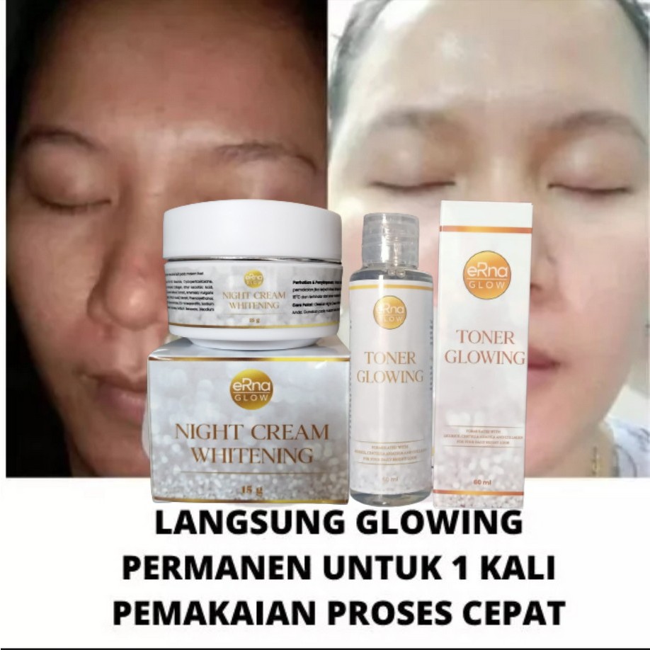 Paket 2in1 Cream Pemutih Wajah Erna Glow Whitening Krim Night + Toner Glowing Erna Glow Whitening Or