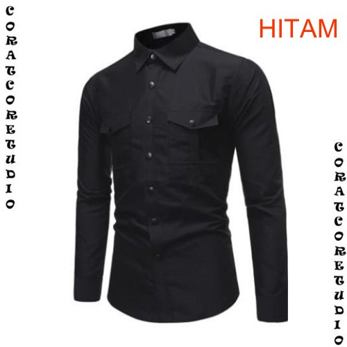 CHAMELEON Hem Pria Kemeja Cowok Jumbo Big Size Panjang Polos Dua 2 Kantong Saku HITAM