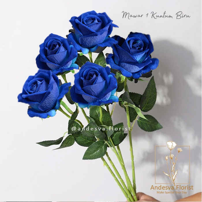 Bunga Mawar Biru 1 Tangkai / Bunga Plastik Tanaman Hias Artificial Mawar Biru 1 Kuntum
