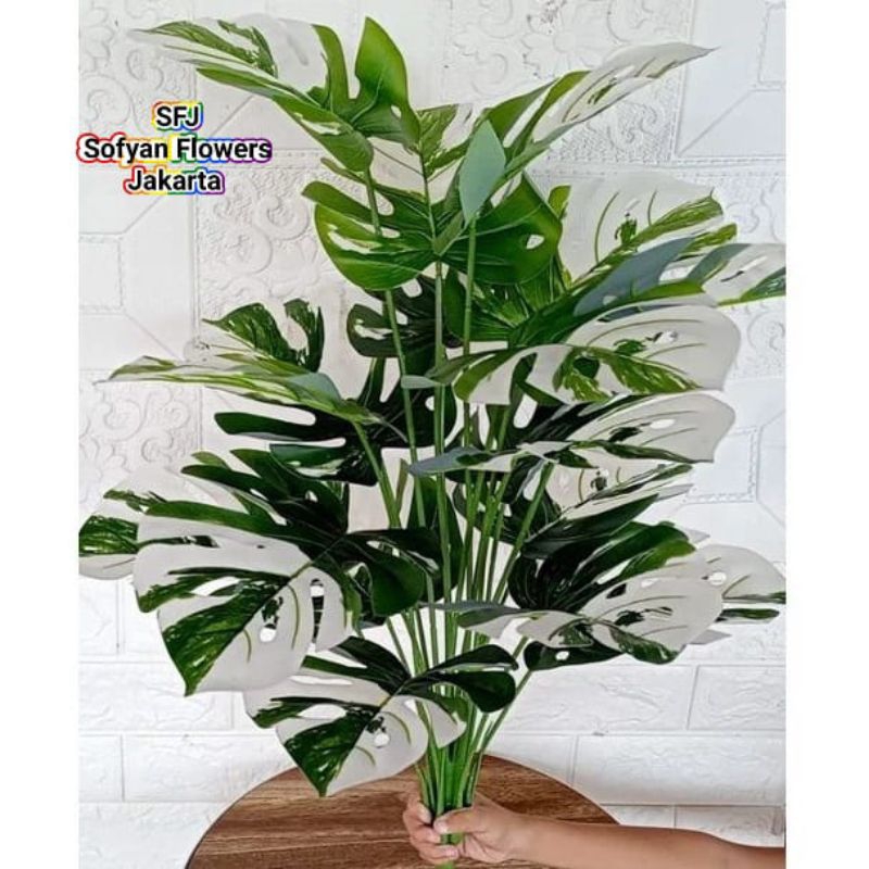 BUNGA PLASTIK TANAMAN DAUN MONSTERA VARIEGATA / TANAMAN ARTIFICIAL DEKORASI RUMAH