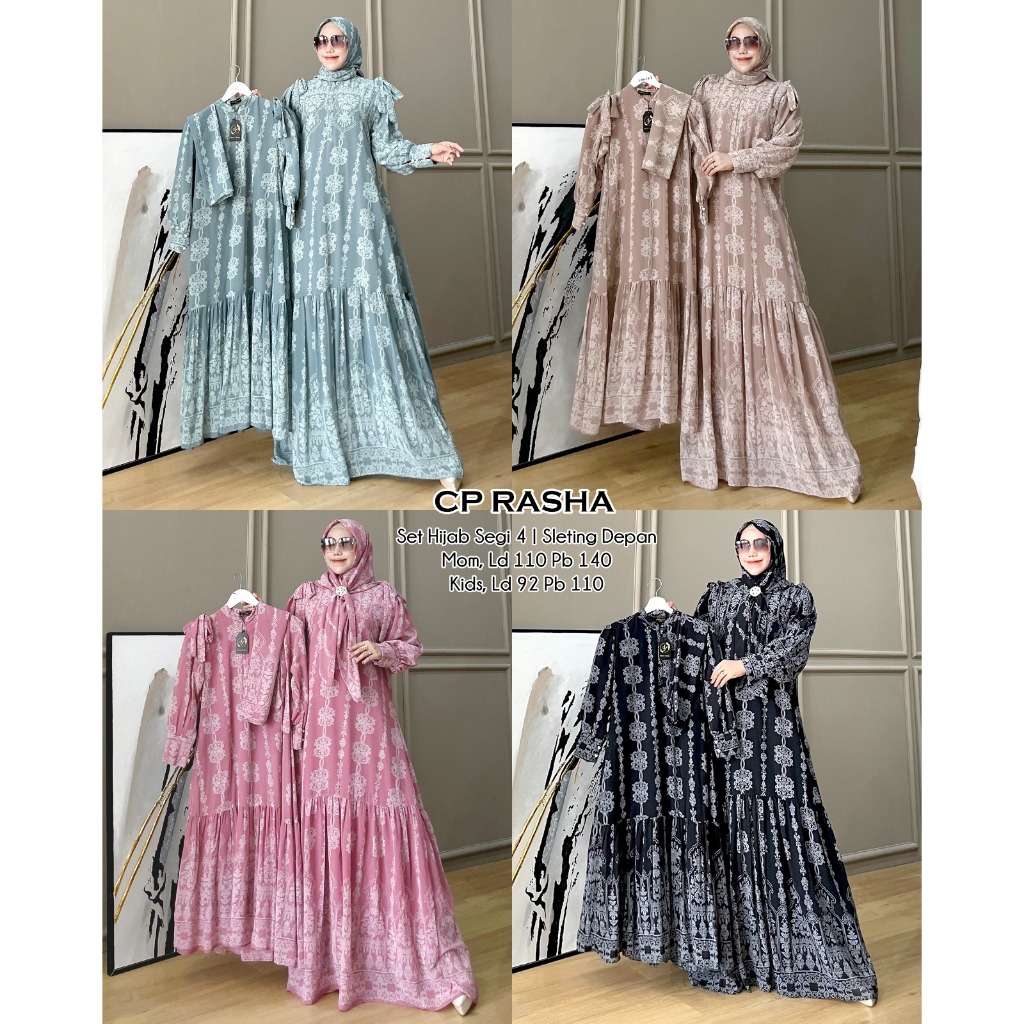MAHDIYA OUTFIT -  COUPLE GAMIS RASHA 1 SYARI . BUSUI SET HIJAB . GAMIS IBU DAN ANAK MEWAH ADEM