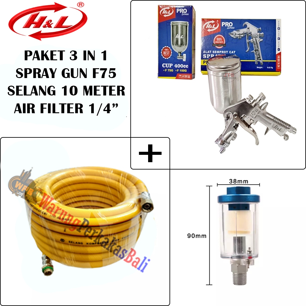 PAKET H&L Spet Cat F75 Tabung Atas 400CC Spray Gun Dengan IWA 10 Meter Selang Angin Kompresor 8.5mm 