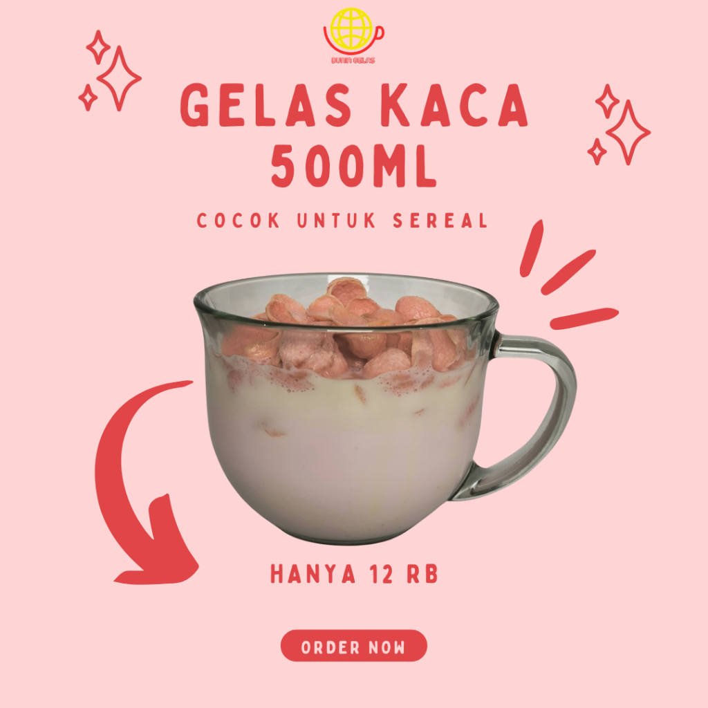 Gelas Kaca Jumbo 500 ml/Gelas Kaca Gagang 500 ml/Gelas Sereal/Breakfast Mug/Gelas Susu 500 ml