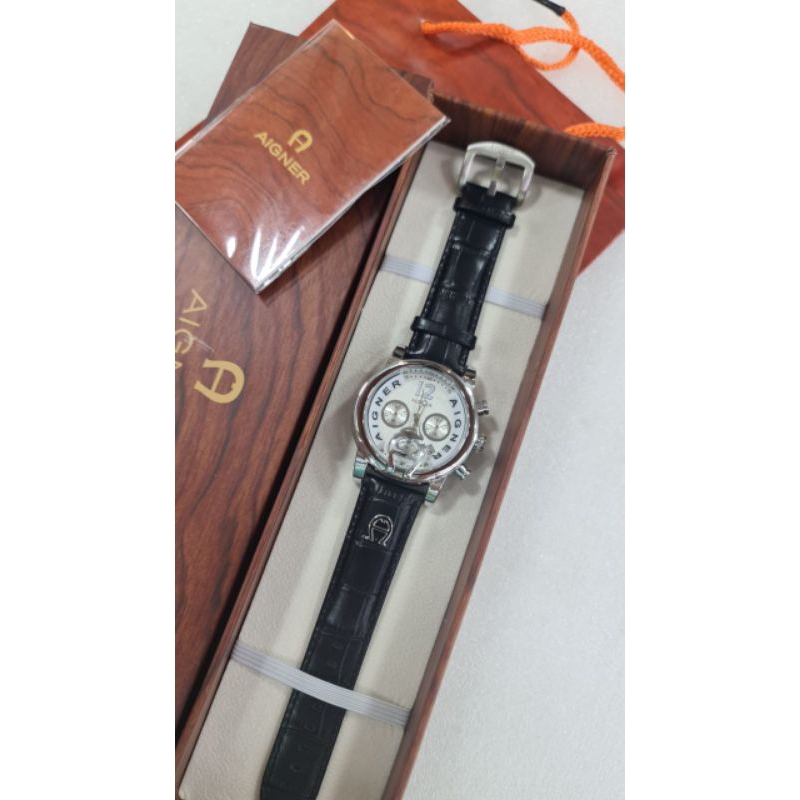 ( BISA COD ) Jam Tangan Pria/Cowok  AIGNER Bahan Kulit Chrono tanggal aktif || Diaameter 4.5cm || FR