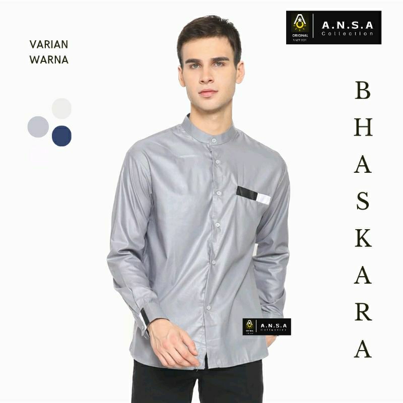 Baju Koko Pria Lengan Panjang Warna Abu Motif Bhaskara Kombinasi List Hitam Putih Original Asakhi