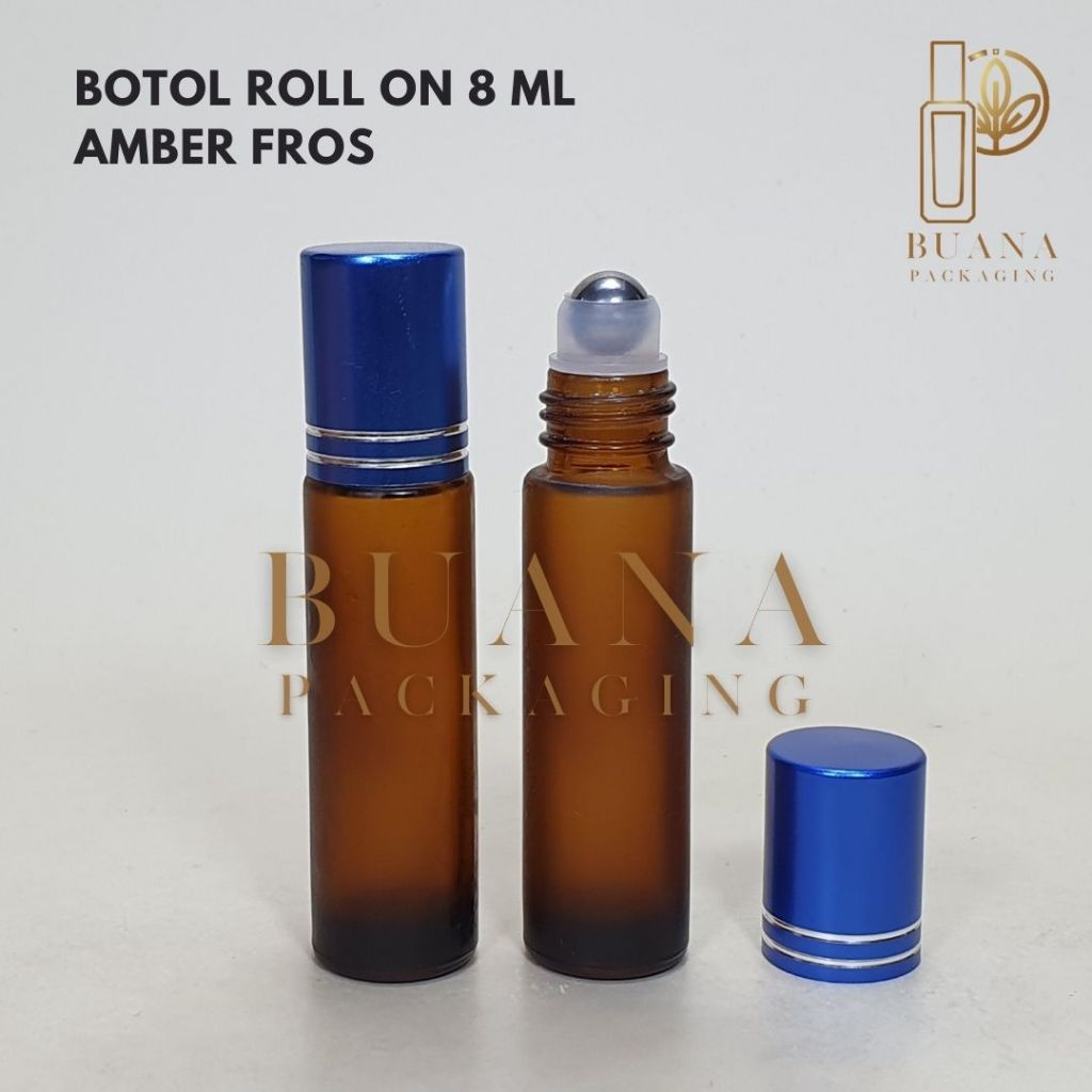 Botol Roll On 8 ml Amber Frossted Tutup Stainles Biru Shiny Bola Stainles / Botol Roll On / Botol Kaca / Parfum Roll On / Botol Parfum / Botol Parfume Refill / Roll On 10 ml