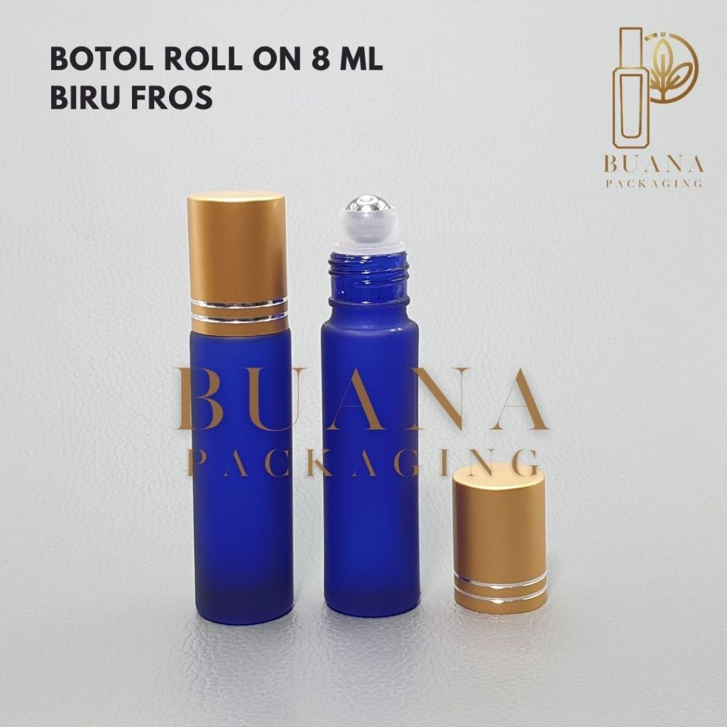 Botol Roll On 8 ml Biru Frossted Tutup Stainles Emas Matte Bola Stainles / Botol Roll On / Botol Kac
