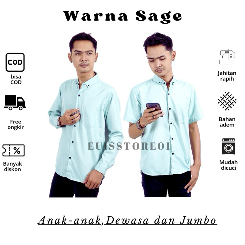 kemeja pria lengan panjang hijau sage hijau tosca hem lengan pendek hijau sage toscapolos slimfit he