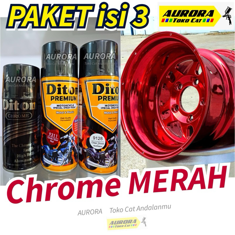 PAKET DITON PREMIUM RED CHROME MERAH KROM isi 3 | Mengkilap Efek Kaca Cat Semprot Sepeda Motor Mobil