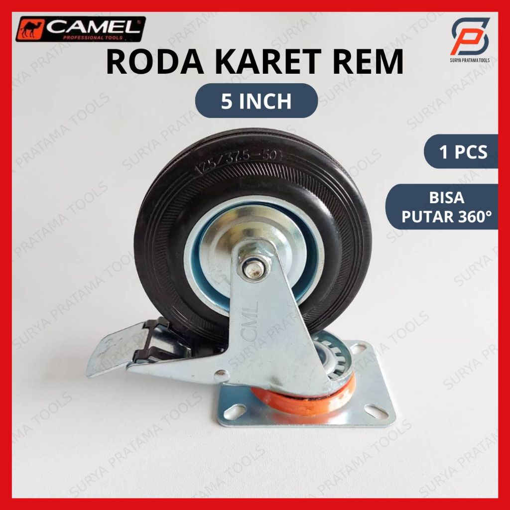 Roda Troli Rem Karet 5 Inch Camel / Roda Caster Gepeng Rem Etalase Rak Lemari Gerobak 5" Inci