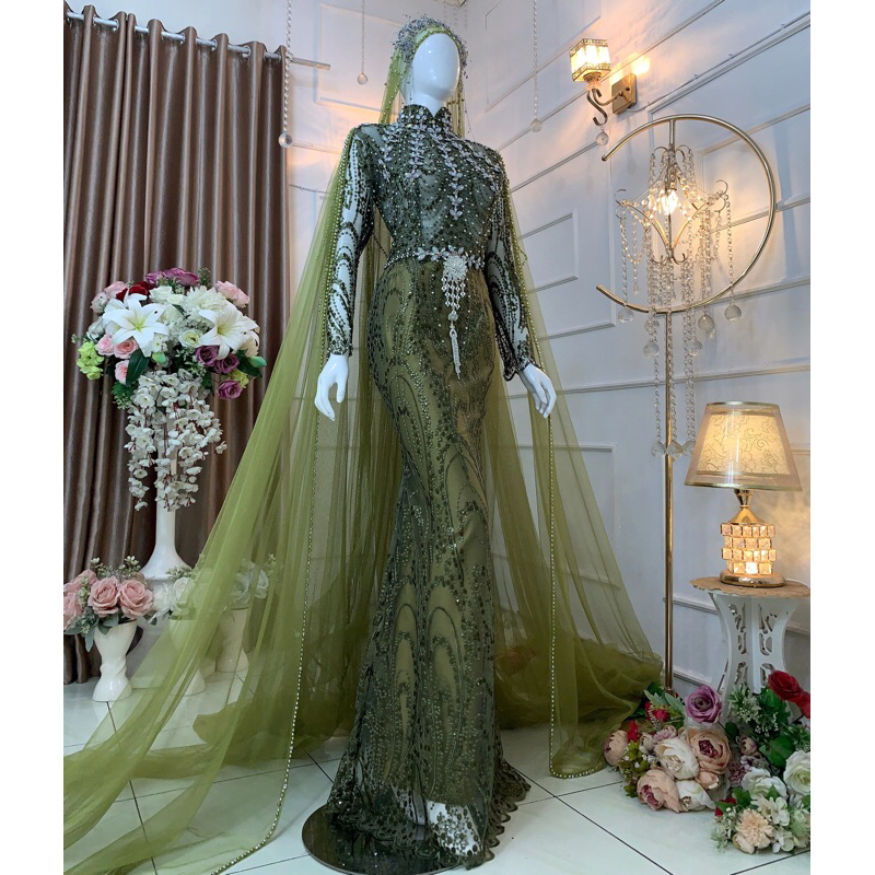 kebaya pengantin slim hijau olive