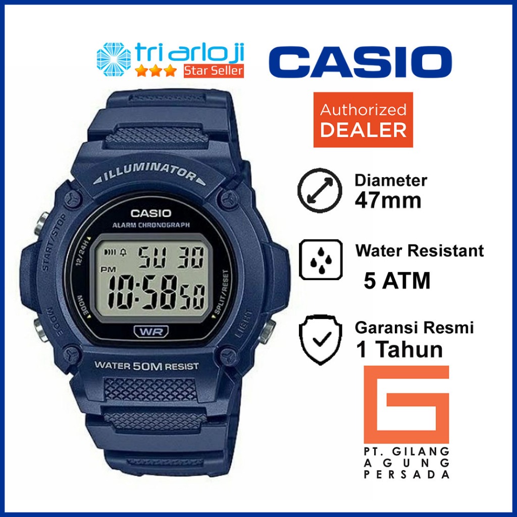 CASIO W-219H-2AVDF Jam Tangan Digital Pria Hitam Biru W219H W-219H-2A