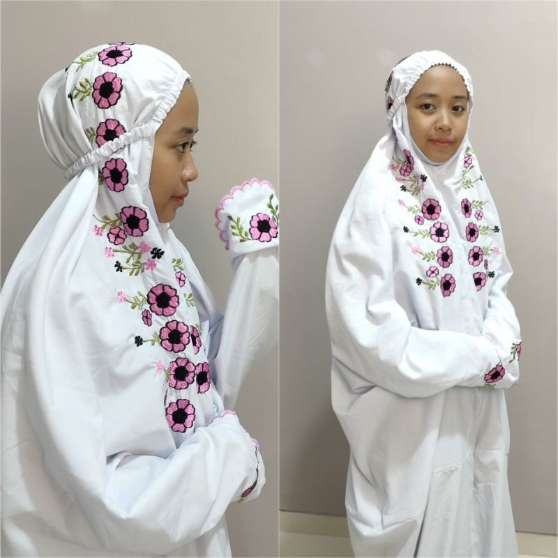 MUKENA TERUSAN BORDIR DEWASA PUTIH TALI KARET MUKENAH LAJURAN KATUN MICRO