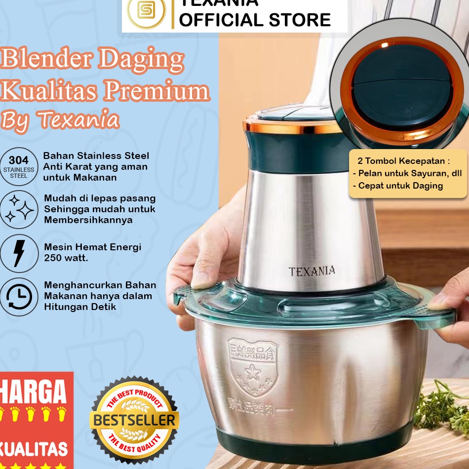 Hs TEXANIA Chopper Blender Daging Stainless Steel Penggiling Daging Multifungsi Meat Grinder 2 Liter