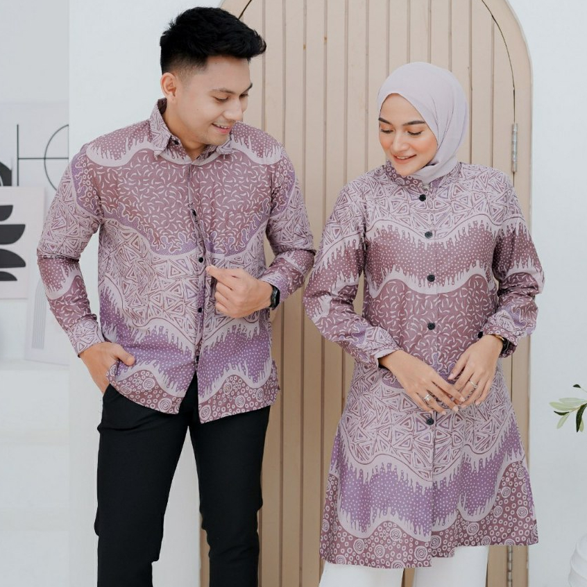 Batik Couple Pyramid Lilac Ungu Sarimbit Pasangan Katun Motif M-XXXL Jumbo Lengan Panjang Kanza