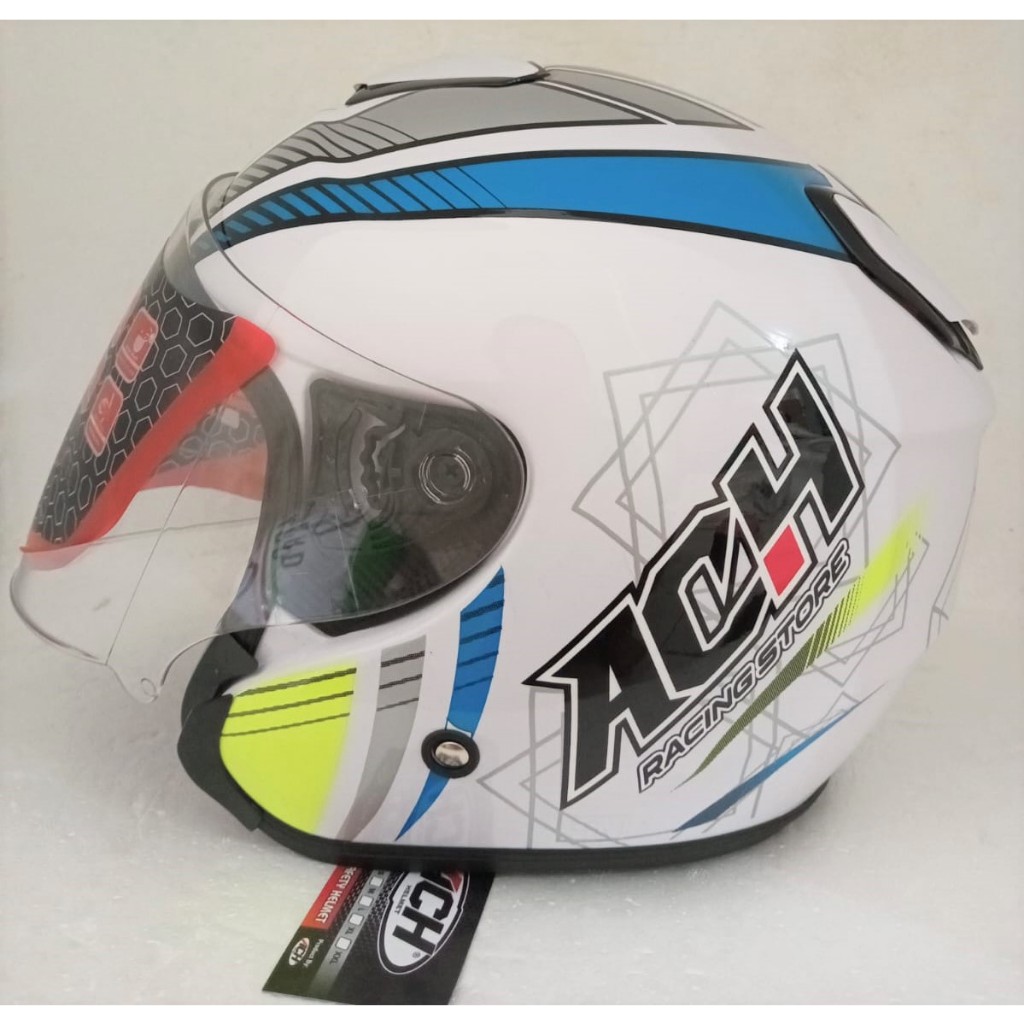 Helm Kyoto , 02,  Putih RACING motif, Kaca Clear - Helm Retro SNI Dewasa - Helm -  - ACH Kyoto - Hel