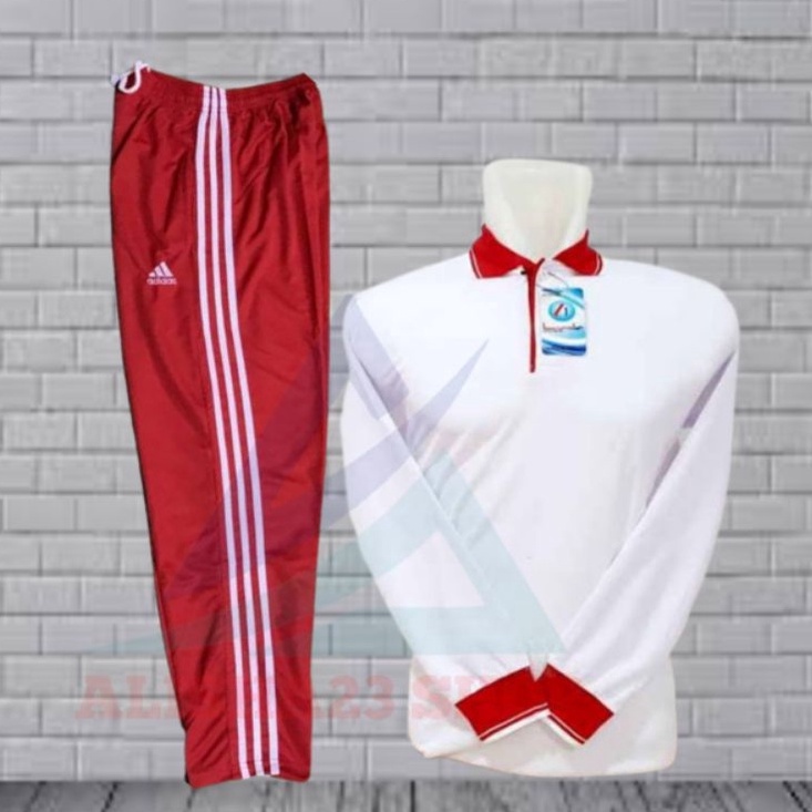 Grosir Unik  SETELAN TRAINING MERAH STELAN KAOS KERAH LENGAN PANJANG PUTIH MERAH Putih STELAN TRAINI