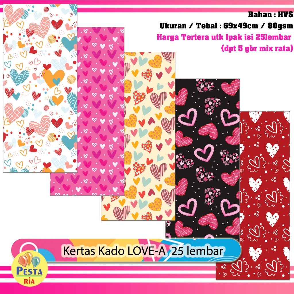 Murah (1Set isi 25lmbr) Kertas kado motif LOVE A, kertas kado motif, kertas kado bungkus kado LOVE
