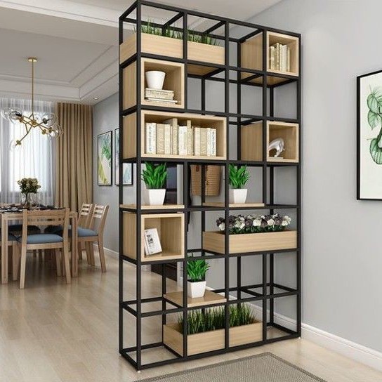 Rak  Partisi Penyekat Ruang Minimalis Industrial Lemari Pemisah Ruangan Rak Kayu Besi Industiral BIS