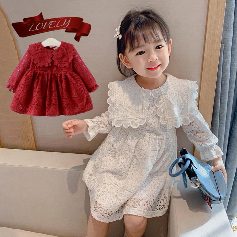 1-7Tahun Dress brokat elegan gaun pesta anak perempuan merah putih