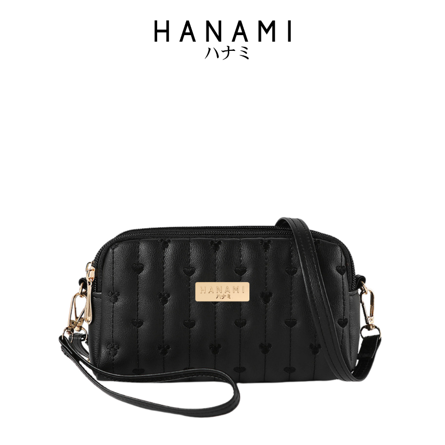 MURAH HANAMI TAS SELEMPANG WANITA GINZEA PESTA 3 RESLETING KULIT HITAM PREMIUM SLING BAG KECIL