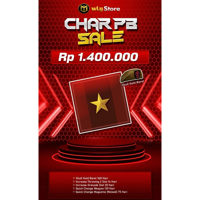 CHAR PB BINTANG 1 SKULL GOLD BARET 360 HARI + QC WEAPON 139 HARI