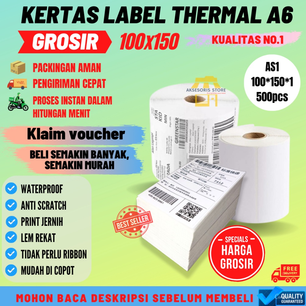 

KODE P3Q9 GROSIR KERTAS THERMAL LABEL STICKER 35PCS 5PCS UKURAN A6 1X15