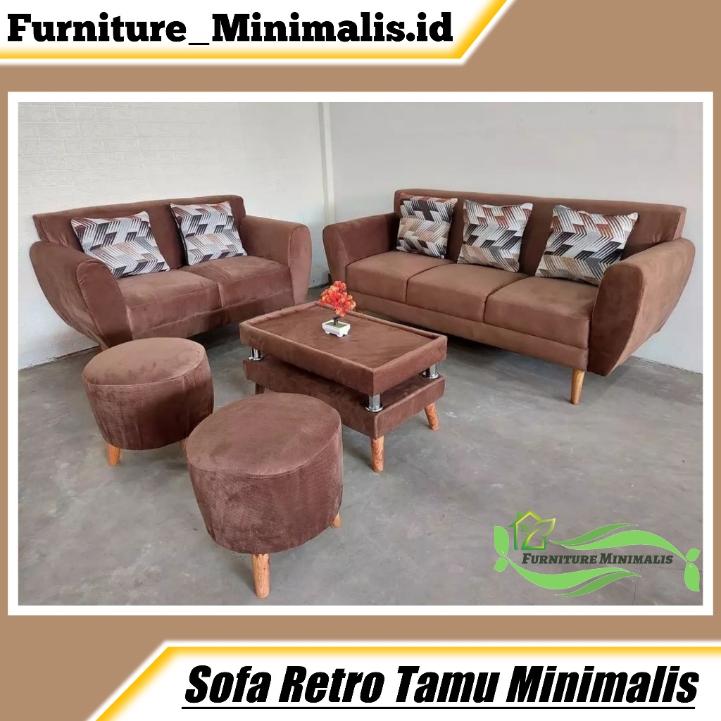 1 Set Sofa Retro Bludru Velvet 32 & 2 Pcs Sofa Stool Bulat Sofa Tamu Minimalis