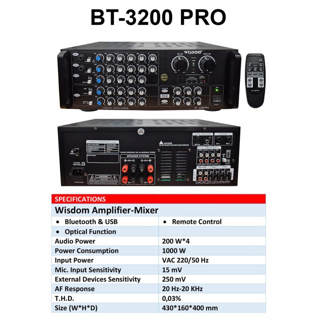 Amplifier Karaoke Wisdom BT-3200 Pro / BT3200 Pro With Bluetooth Original