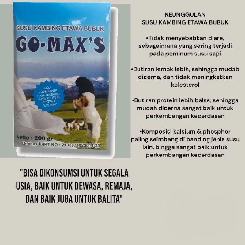 

SUSU KAMBING ETAWA BUBUK|SUSU KAMBING|SUSU BUBUK|SUSU SEHAT|GO-MAX'S