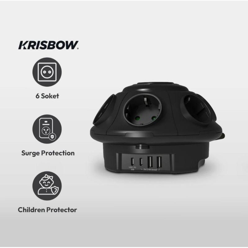 KRISBOW STOP KONTAK UFO 6 SOCKET / USB C / COLOKAN LISTRIK 6 LUBANG