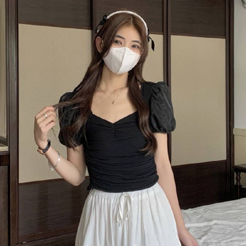 BLOUSE TILE POLOS COTTON STREET VARIASI LEHER V TWIS KERUT PINGGANG KANAN KIRI LENGAN ORGANZA TRANSP