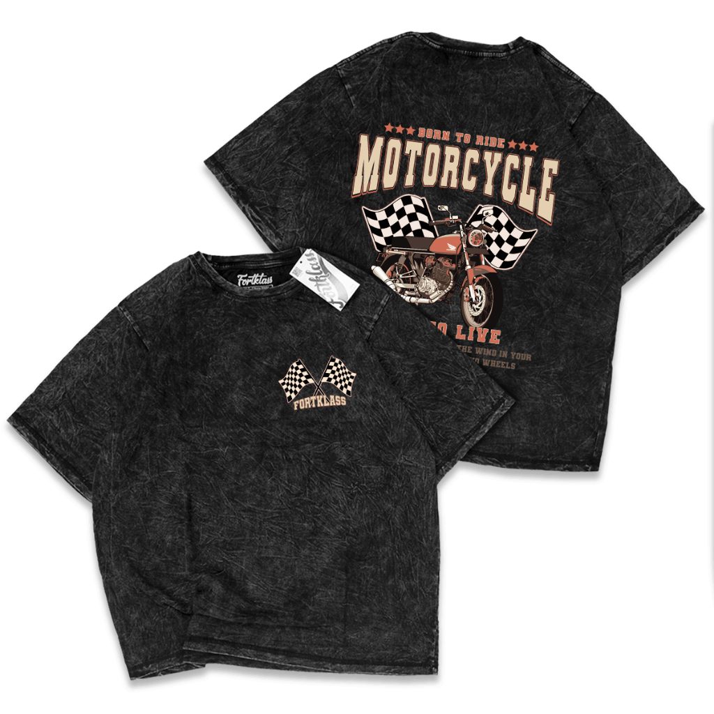 FortKlass Kaos Oversize Wash MOTORCYCLE Kaos Oversize Pria Lengan Pendek Atasan Tshirt Distro Cowok 