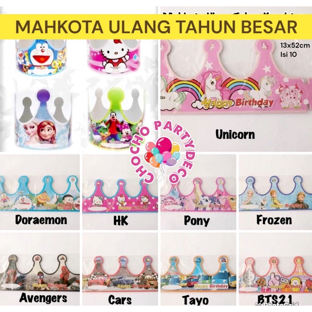 Mahkota Ulang Tahun Karakter / Topi Ulang Tahun Mermaid Unicorn Dinosaurus Tayo Doraemon