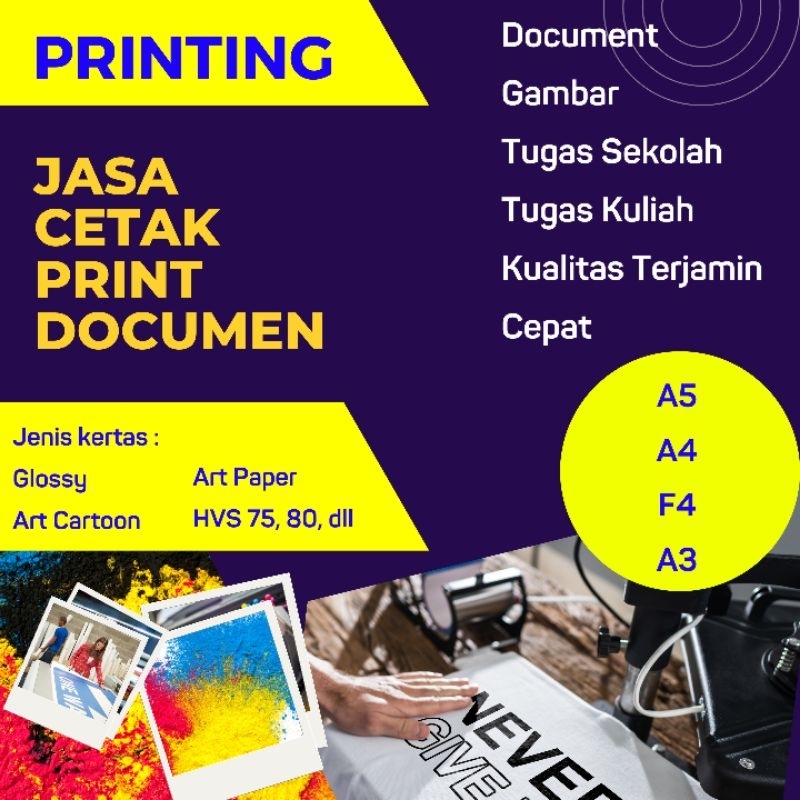 

Print Cetak Documen Warna HVS 75 gsm A4, Folio, A3, A5, A6