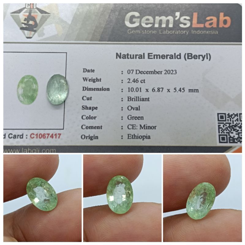 Natural Emerald beryl Ethiopia 2,4 ct Kristal HQ memo GLI Rasa Zamrud colombia