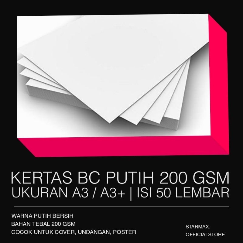 

50 LEMBAR | Kertas BC Tik Putih 200 gsm ukuran A3 /A3+ | per pack isi 50 lbr
