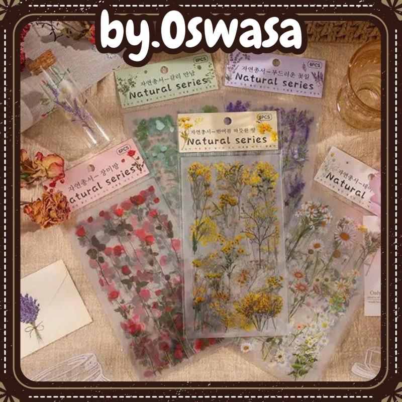 

6 Lembar Sticker PET Flowers Sticker Journal Tema Bunga dan Daun Aesthetic Retro Vintage Transparan