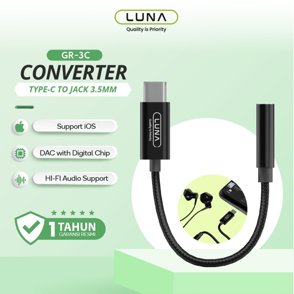 Luna Adapter Usb C to Audio Jack 3.5 mm / Type C to Aux Converter Splitter / Connector Aux Headphone