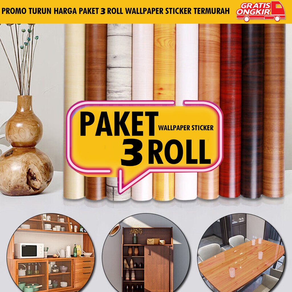 Paket Isi 3 Roll Motif Kayu Wallpaper Dinding Ukuran - Wallpaper - Stiker Meja - Stiker Pintu Varian