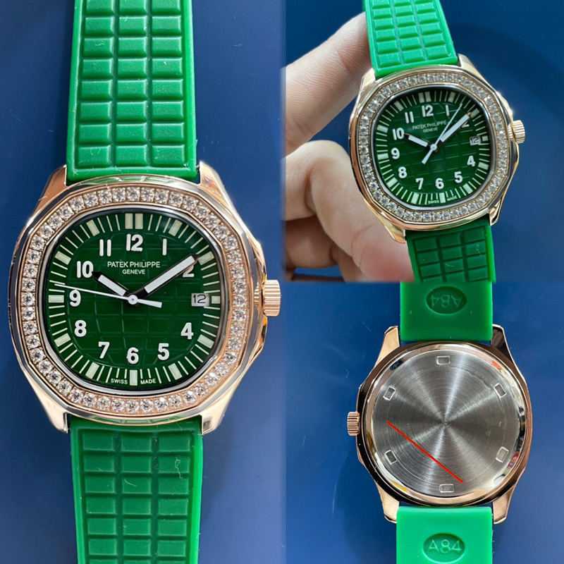 JAM TANGAN WANITA PATEK PHILIPPE AQUANUT DIAMOND RING KARET HIJAU ROSEGOLD PREMIUM JAPAN AAA TANGGAL