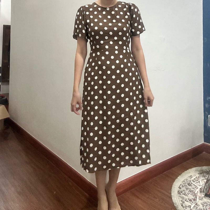 Midi Dress Korea Brown Polkadot