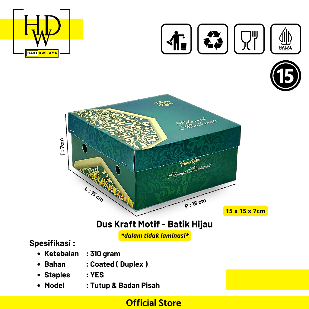 

Kemasan Dus / Kotak Nasi dan Snack Ukuran 15x15x7cm Full Colour - Motif Hijau Batik