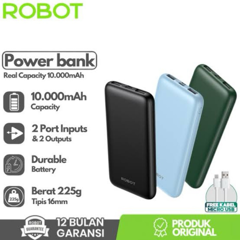 ✅RESMI - POWERBANK ROBOT 10000mah / PB ROBOT RT12 Dual Input Port Type C &amp; Micro USB Original Fast Charging Real Capacity - Garansi Resmi 1 Tahun