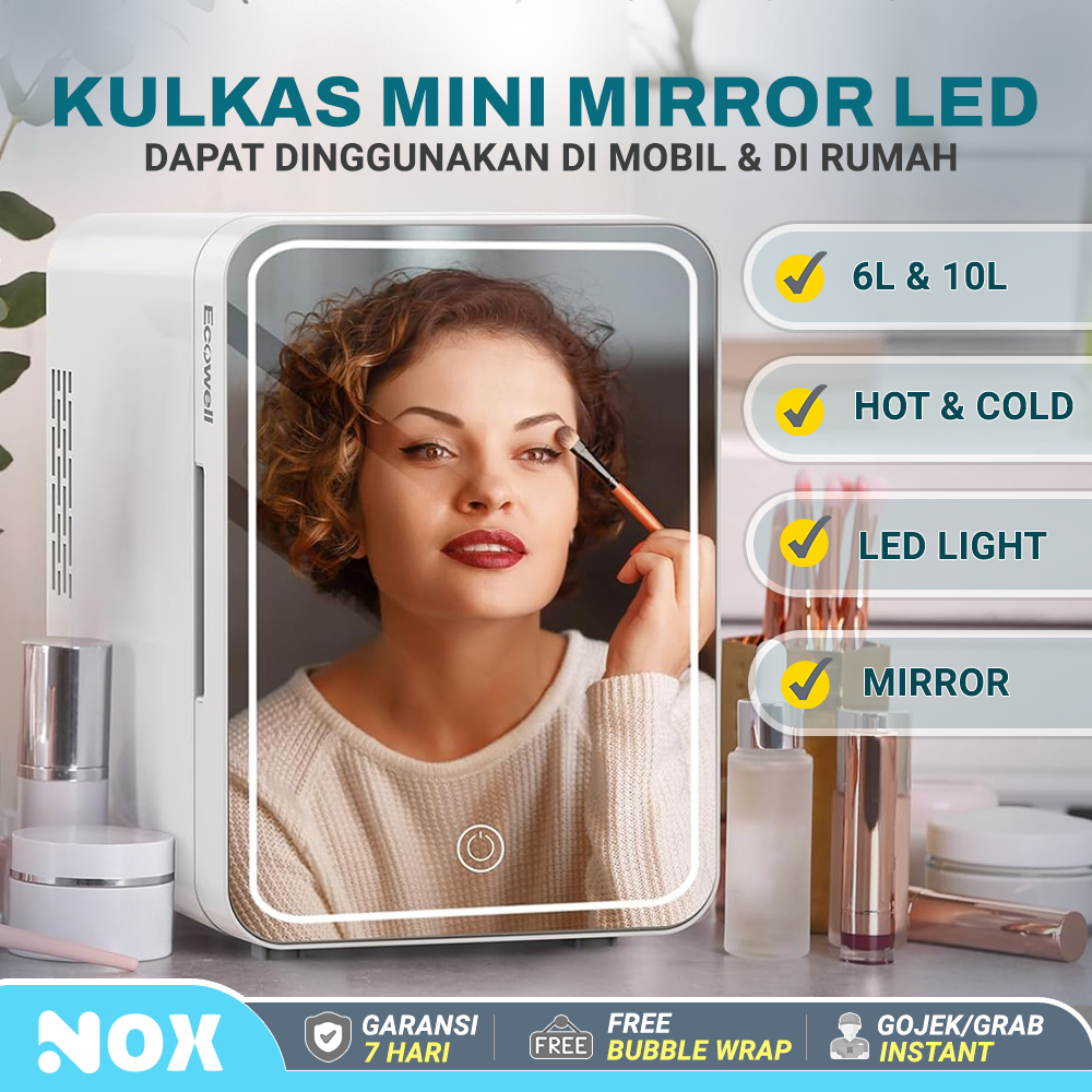 Kulkas Mini Portable 6-12 Liter Pendingin dan Penghangat, Cermin LED, untuk Rumah dan Mobil