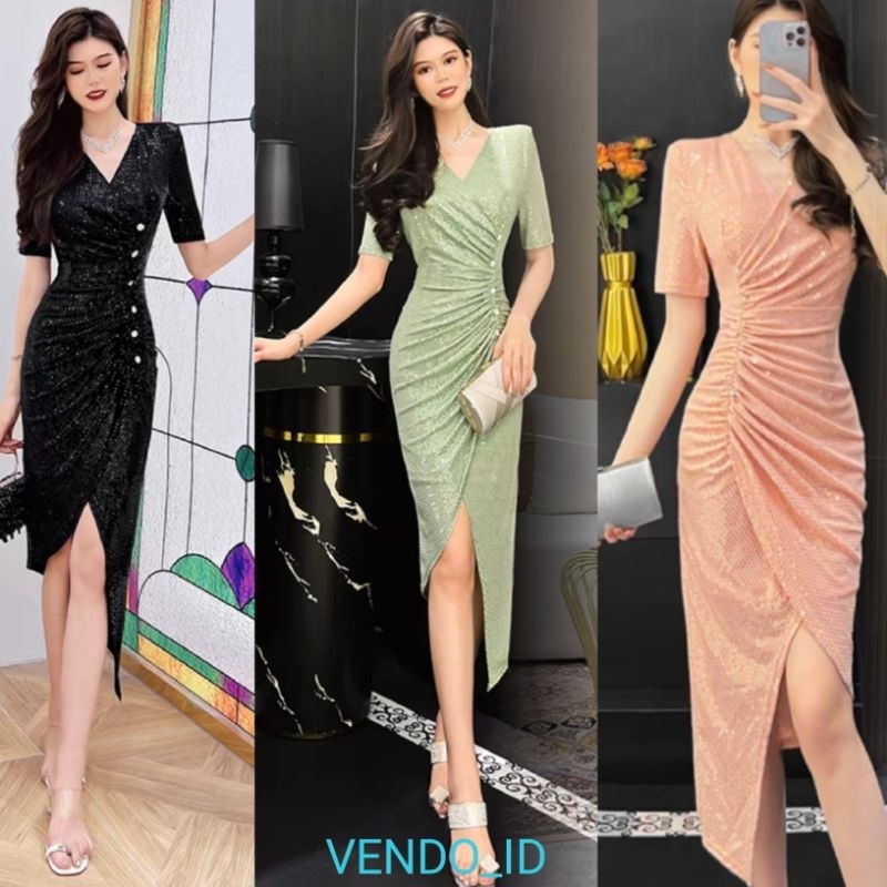 sequin dress glitter manik asymetris asymetric gaun midi dress midi tanggung sebetis slit sleeve dre
